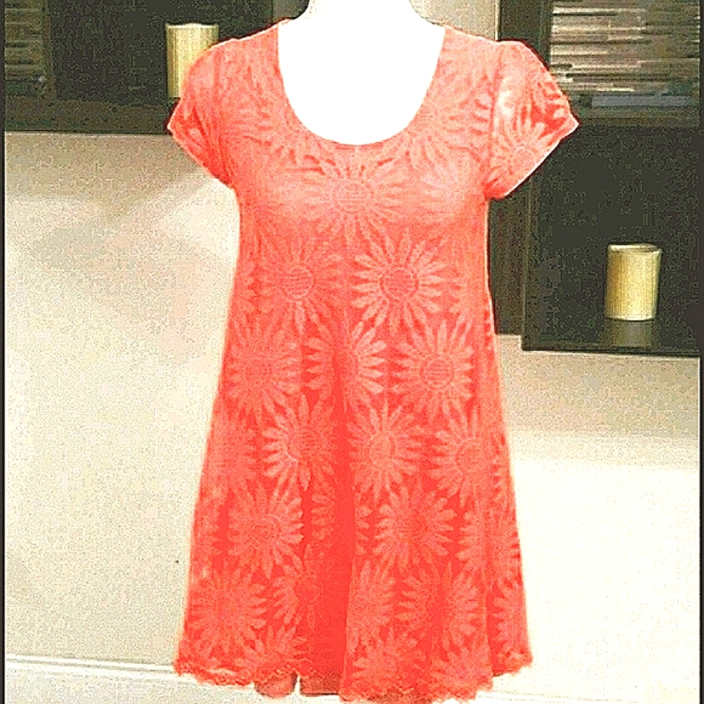 Kimchi Blue Neon Orange Hippie Y2K Sunflower Lace Flare Mini Dress Beach Coverup